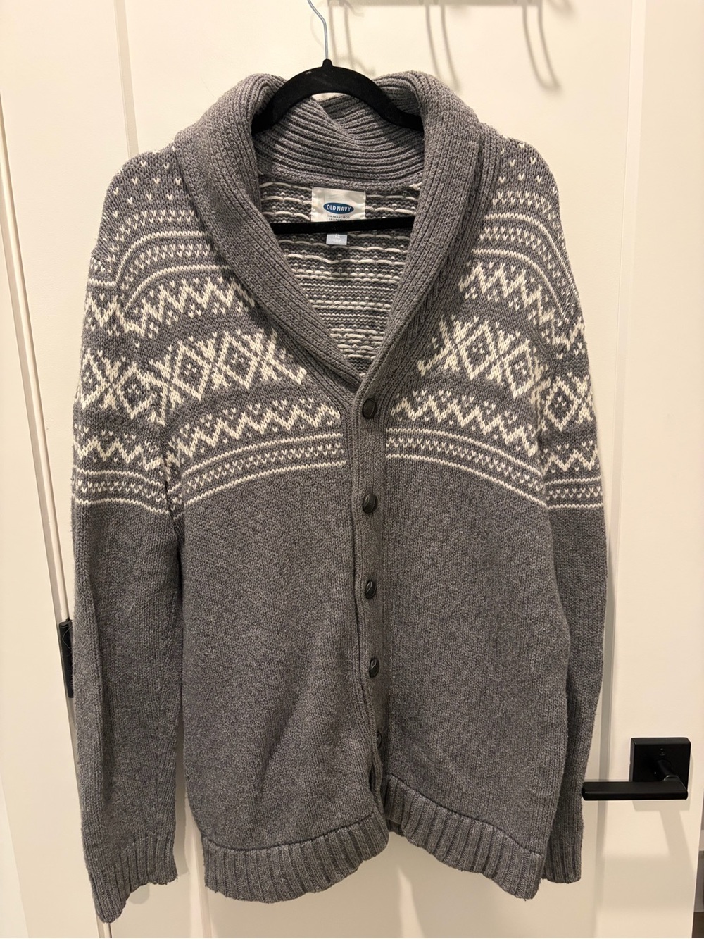 Old Navy Gray and White Shawl Collar Fair Isle Cardigan